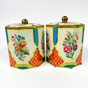 Vintage Octagon Floral Floral Tins Containers Tea Biscuits Set Of 2 Germany