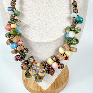 Vintage Mexican Pottery Miniature Mugs & Glass Beads Necklace