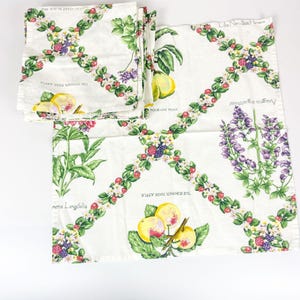 Può includere: Set di sei tovaglioli di cotone bianco con un motivo floreale che presenta vari frutti e fiori. Il testo sui tovaglioli recita "The White Doyenne Pear", "The Summer Rose Apple", "Anagyrus angustifolris", "Liho Naribus Henarn", "metia Longifolia" e "Doyenne Pear".