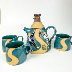 J & G Morten Ceramics Jack And Jill Stoneware Teapot and 3 cups.