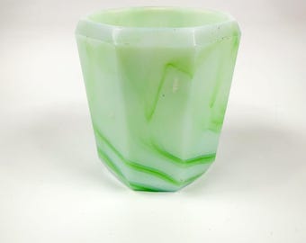 Vintage Akro Agate Slag Green & White Glass Toothpick Holder Octagonal Design