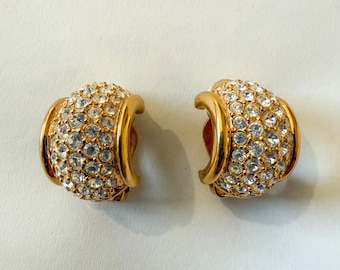 Vintage Swarovski Clip-On Earrings Pave Rhinestone Gold-Tone Statement Jewelry