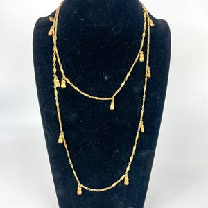 Vintage Monet Textured Gold-Tone Long Dapped Chain Necklace Tassel Charms