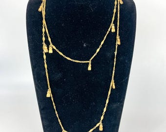 Vintage Monet Textured Gold-Tone Long Dapped Chain Necklace Tassel Charms