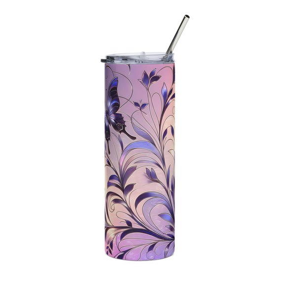 Purple Butterfly Floral Tumbler 20oz | Stainless Steel Travel Cup