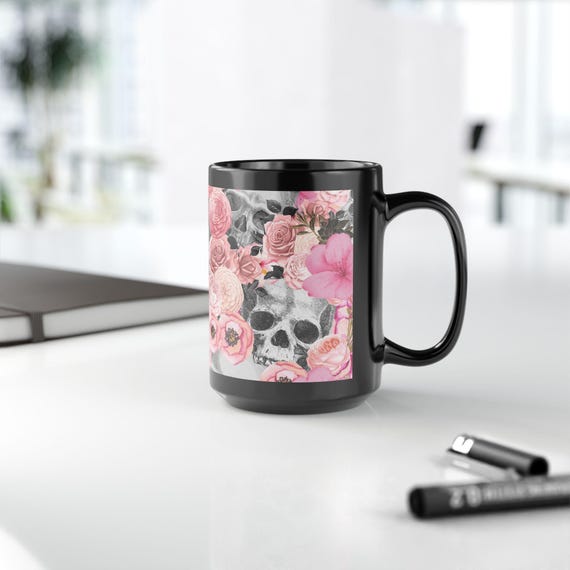 Skull with Pink Roses Mug | Black Ceramic Coffee Cup