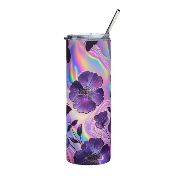 Purple Floral Butterflies 20oz Tumbler | Holographic Swirl Stainless Steel