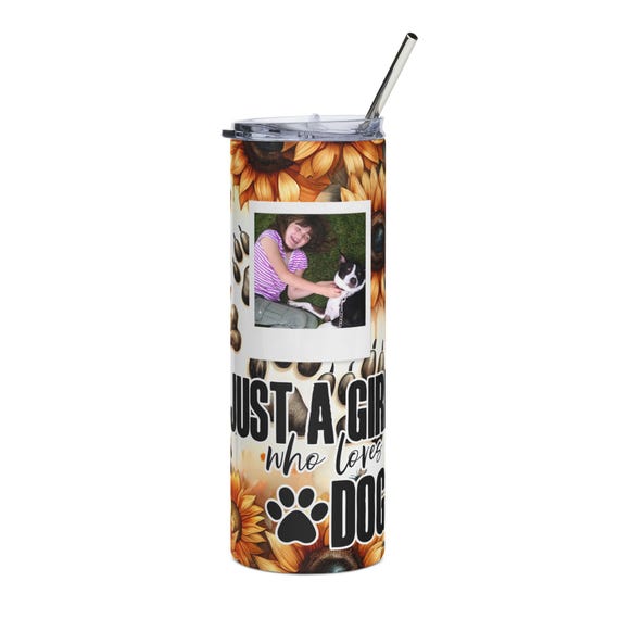 Just a Girl Who Loves Dogs Stainless Steel Tumbler | 20oz Paw Print Sunflower Photo