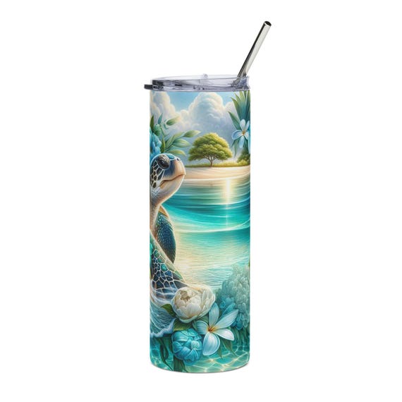 Blue Sea Turtle Tumbler 20oz | Floral Ocean Beach Design