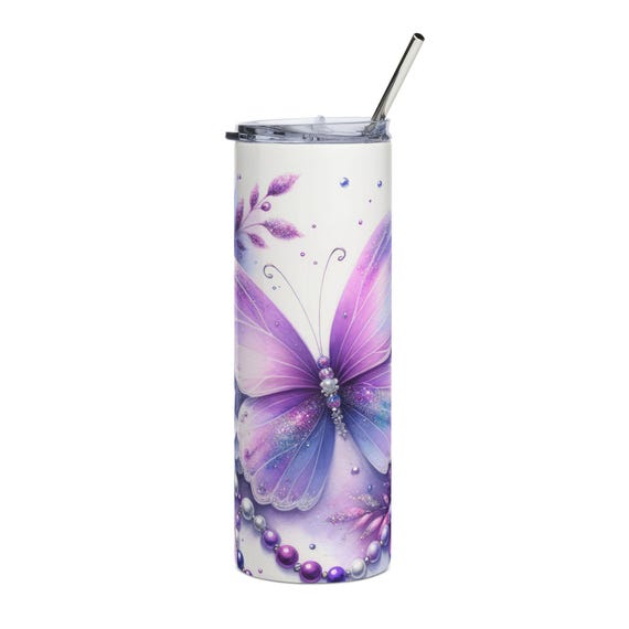 Purple Butterfly Floral Tumbler | 20oz Stainless Steel Travel Cup