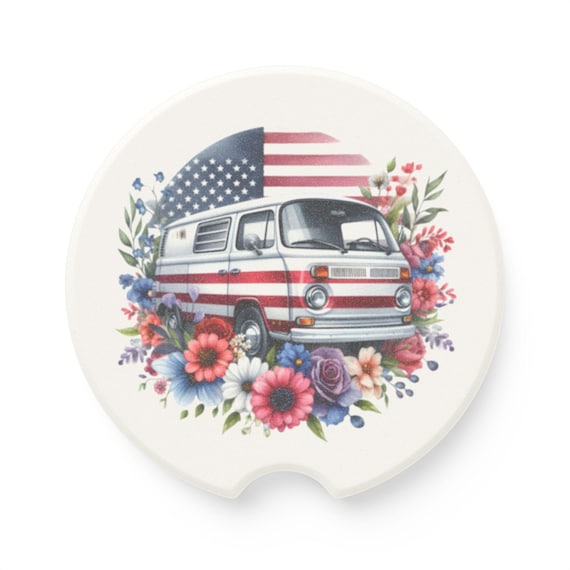 Vintage VW Camper with American Flag floral design Car Coaster