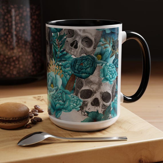 Teal Floral Skull Accent Coffee Mug | 11oz 15oz