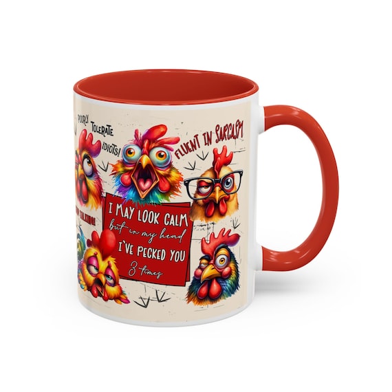 Colorful Cartoon Rooster Faces Accent Coffee Mug | 11oz 15oz