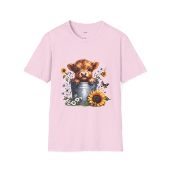 Highland Calf in Bucket T-Shirt | Sunflower Floral Cow Design