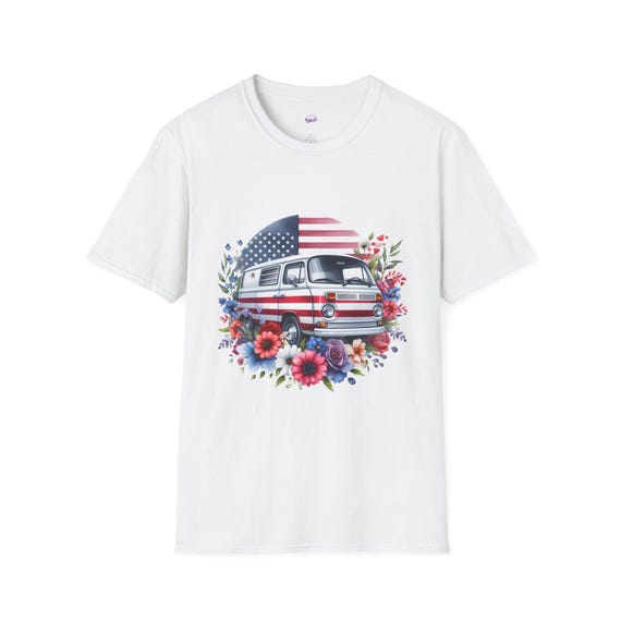 American Flag VW Camper Van T-Shirt | Vintage Van Floral Design