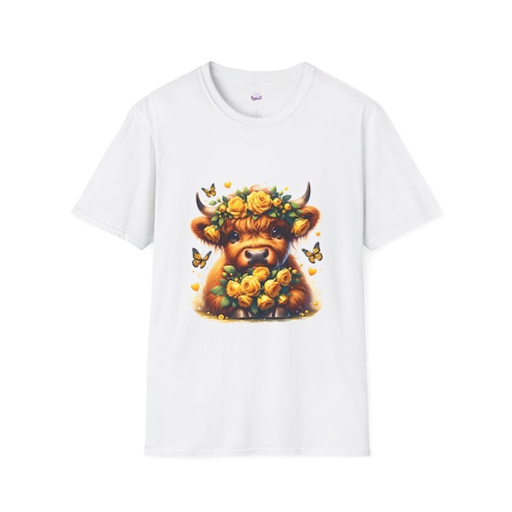 Highland Cow with Yellow Roses T-Shirt | Floral Highland Cow, Butterflies