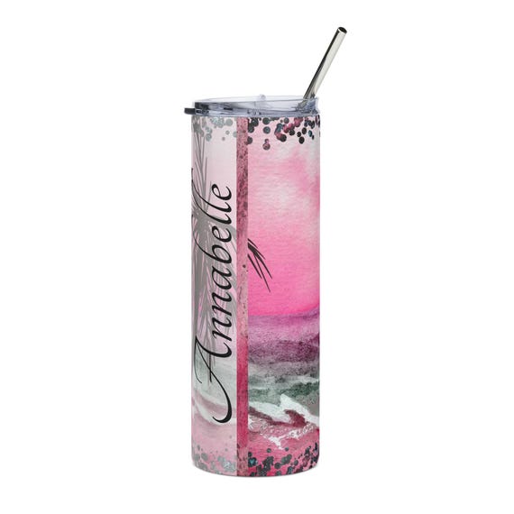 Pink Watercolor Ocean Waves Tumbler | Personalized Name Option, 20oz Stainless