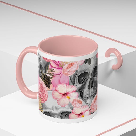 Skull with Pink Roses Mug | Accent Coffee Mug 11oz 15oz