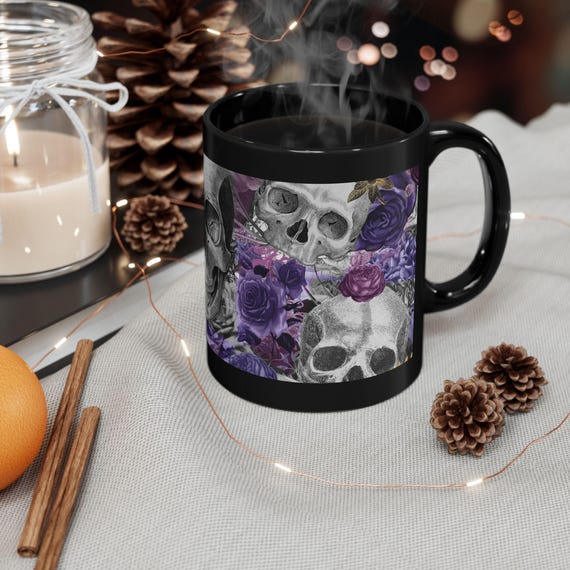 Skull with Purple Roses Mug | Black Ceramic Coffee Cup