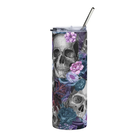 Skull and Purple Floral Skinny Tumbler 20oz | Stainless Steel Travel Tumbler
