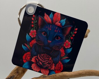 Floral Cat Keychain: Double-Sided Feline Art