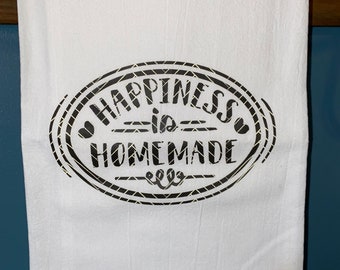 White Tea Towel: 'Happiness is Homemade' Kitchen Decor (13x13")