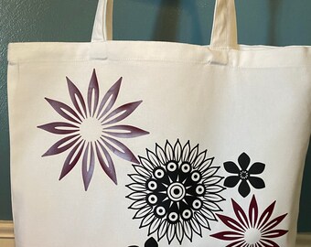 Extra Large White Canvas Tote Bag: Floral Design