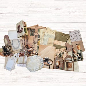 Kit de diario Coffee Junk: papel vintage, efímeras y páginas teñidas con café para scrapbooking y manualidades.