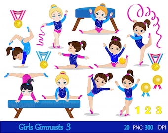 Op de afbeelding: Een set van 20 digitale illustraties van meisjes die gymnastiekposes uitvoeren. De meisjes dragen blauwe en roze pakjes met sterren en houden linten, een bal en medailles vast. De illustraties omvatten een evenwichtsbalk, een sprong en een vloeroefening.