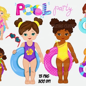 Pool party, Beach Clipart, Rubber Ring Girl Clipart, Pool Clipart, Holiday Clipart, Swimming Clipart, Kids Clipart, Summer Kids Clip Art