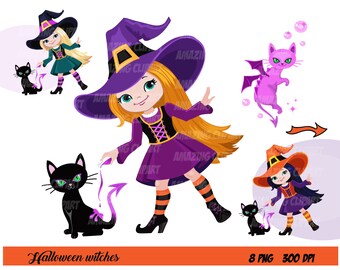 Witches Clipart, Magical Transformation, Witchcraft in Action, Halloween Clipart, Cute Witch Clipart, Instant Download, PNG file - 300 dpi