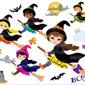 Witches Fly characters clipart, Witches Clipart, Halloween Clipart, Cute Witch Clipart, Instant Download, PNG file - 300 dpi