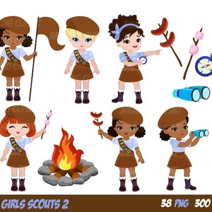 Explorer Girls Clipart Set Brownie Troop 2. Junior Scout Girl Clip art Camping Digital Kids Camping art/ Instant Download - PNG Files
