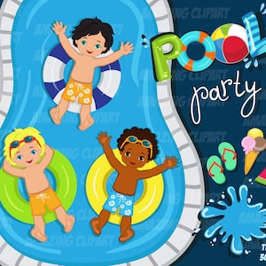 Pool Party Clipart Jungs. Kleine Jungs mit Pool Party Banner, Eis, Wassermelonen Flip Flops, und Pool Sommer Cliparts