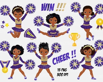 Gold lila Cheerleader Clipart, Pom Pom, Sport, schwarze Cheerleader PNG, Afro Mädchen Grafiken, Afroamerikaner, Sublimation Mädchen Clip Art