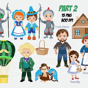 May include: A set of 15 digital illustrations featuring characters from the Wizard of Oz. The characters include Dorothy, the Scarecrow, the Tin Man, the Cowardly Lion, Uncle Henry, Aunt Em, and Toto the dog. The illustrations are in a cartoon style and are perfect for use in crafts, scrapbooking, and other creative projects.
