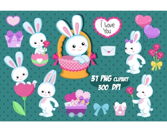 Bunnies Clipart, Valentine Clipart, Rabbits Clipart.