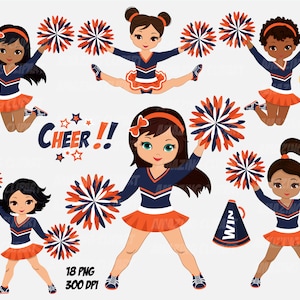 Orange Navy and White Multicultural Team Cheerleader Clipart, Pom Pom, Sport, Cheerleader PNG, Girl Graphics, Sublimation Girl Clip Art