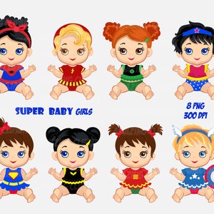 Bebês super-heróis clipart, super-heróis clipart, meninas superbebês png, aniversário de super-herói, convite de superbebê, design de sublimação.