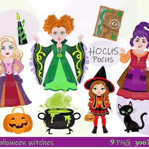 Hocus Pocus Clipart, Digital Download, Clipart Cartoon,  Sanderson Sisters PNG, Witches, Halloween, Winifred, Sarah, Mary, Handdrawn