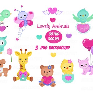 Lovely Animals Valentine Clipart,- Digital Clipart Set, Bear Clipart, Bird Clipart, Puppy Clipart.