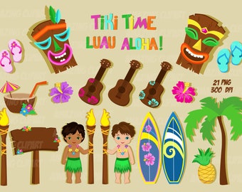 Luau Party Digital Clipart, Hawaiian Tiki Time, Aloha Clipart, Cocktail Party, Hawaii, Beach party Clipart.