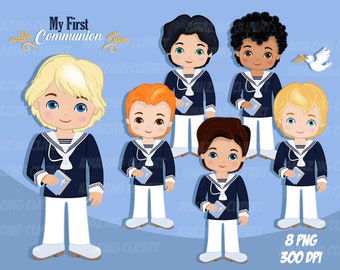First Communion Clipart for Boys. Spanish Communion, Sailor First Communion, Communion PNG.  Holy Communion Religious Illustrations.