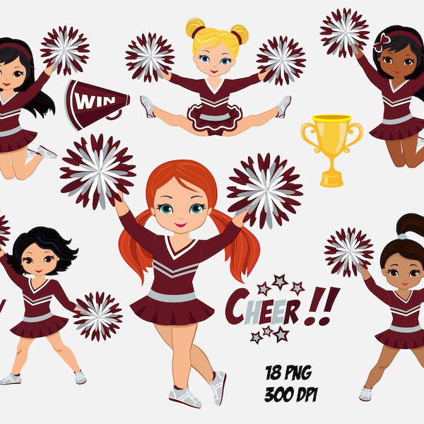 Maroon Silver White Multicultural  Cheerleader Clipart, Sport, Black Cheerleader PNG, Afro Girl Graphics, African , Sublimation Girl Clipart