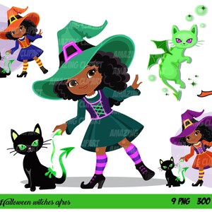 Streghe Clipart, Trasformazione magica, Stregoneria in azione, Clipart di Halloween, Clipart di streghe afroamericane carine, Download istantaneo
