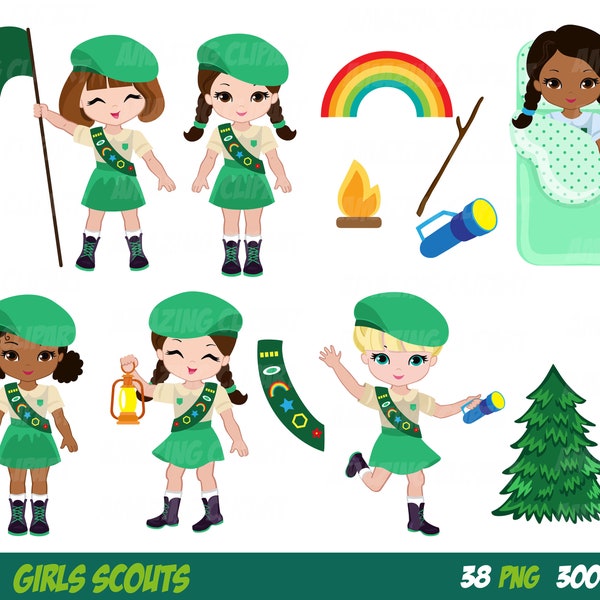 Explorer Girls Clipart Set/Daisy Troop/ Junior Scout Girl Clip art Camping Digital Kids Camping Printable art/ Instant Download - PNG Files.