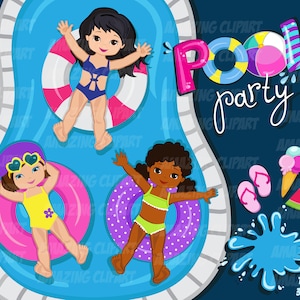 Pool Party Clipart Meisjes. Kleine meisjes met pool party banner, ijs, watermeloen slippers, en zwembad zomer cliparts