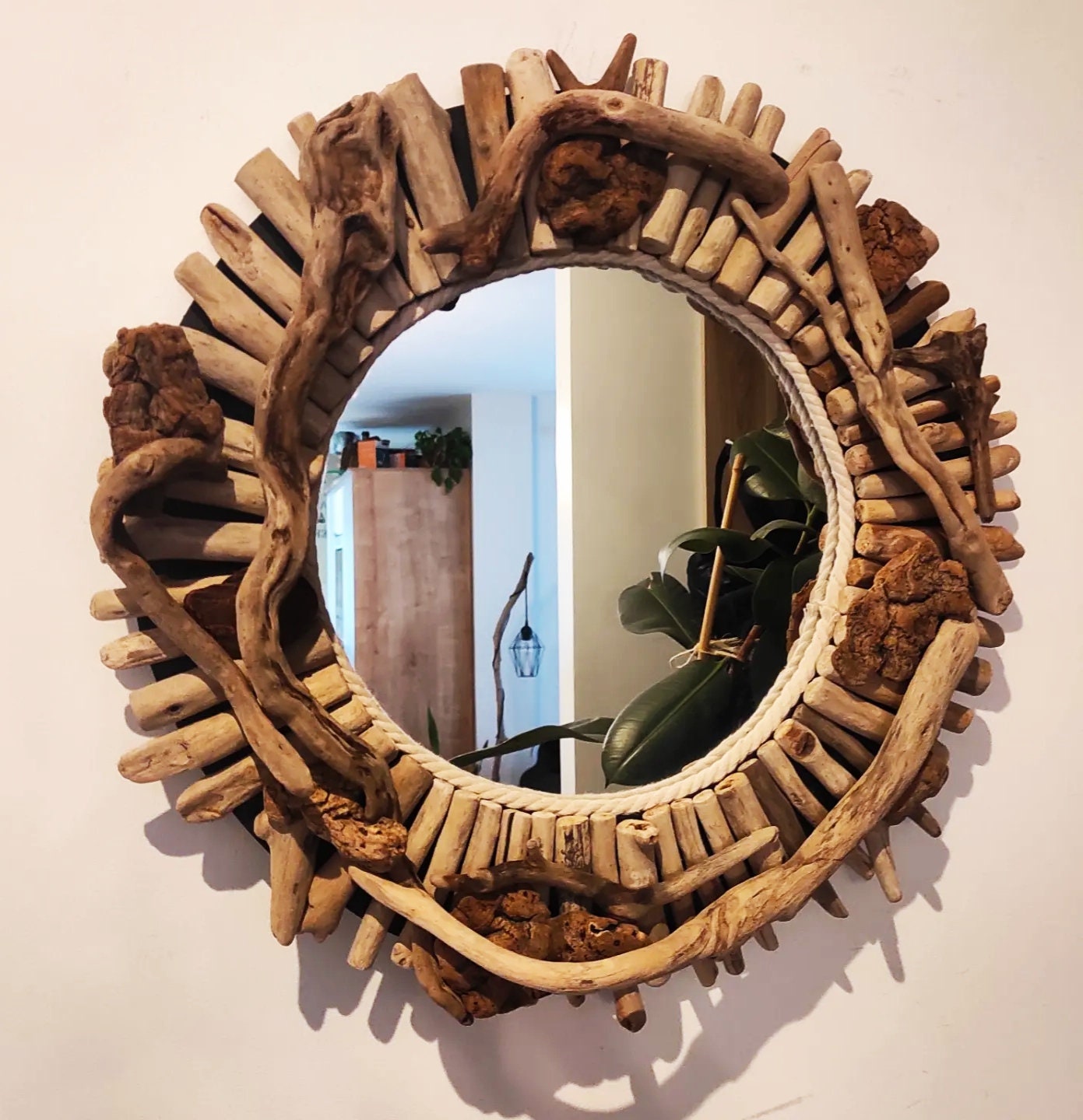 Miroir Rond Artisanal en Bois Flotté Type Soleil Style Scandinave Bord de Mer