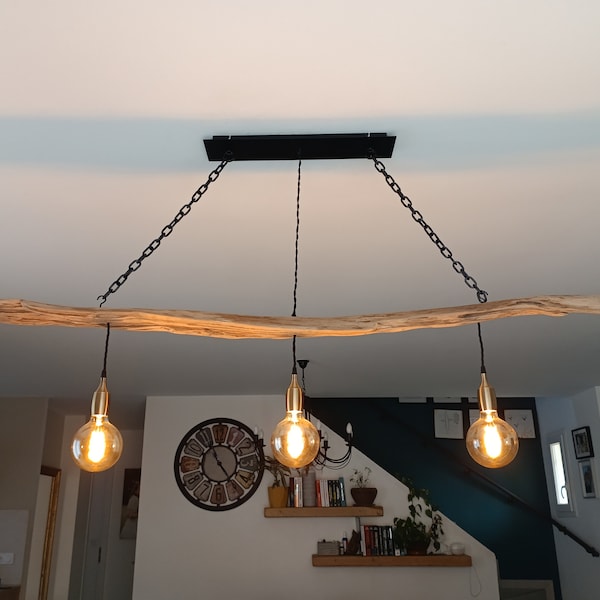 Superbe Lustre artisanal style industriel en bois flotté chaine noires spots LED encastrés fait main pièce unique