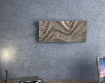 Può includere: Un'opera d'arte murale astratta moderna con un motivo ondulato, simile al legno, in tonalità di marrone e grigio. L'opera è montata su una parete grigia.